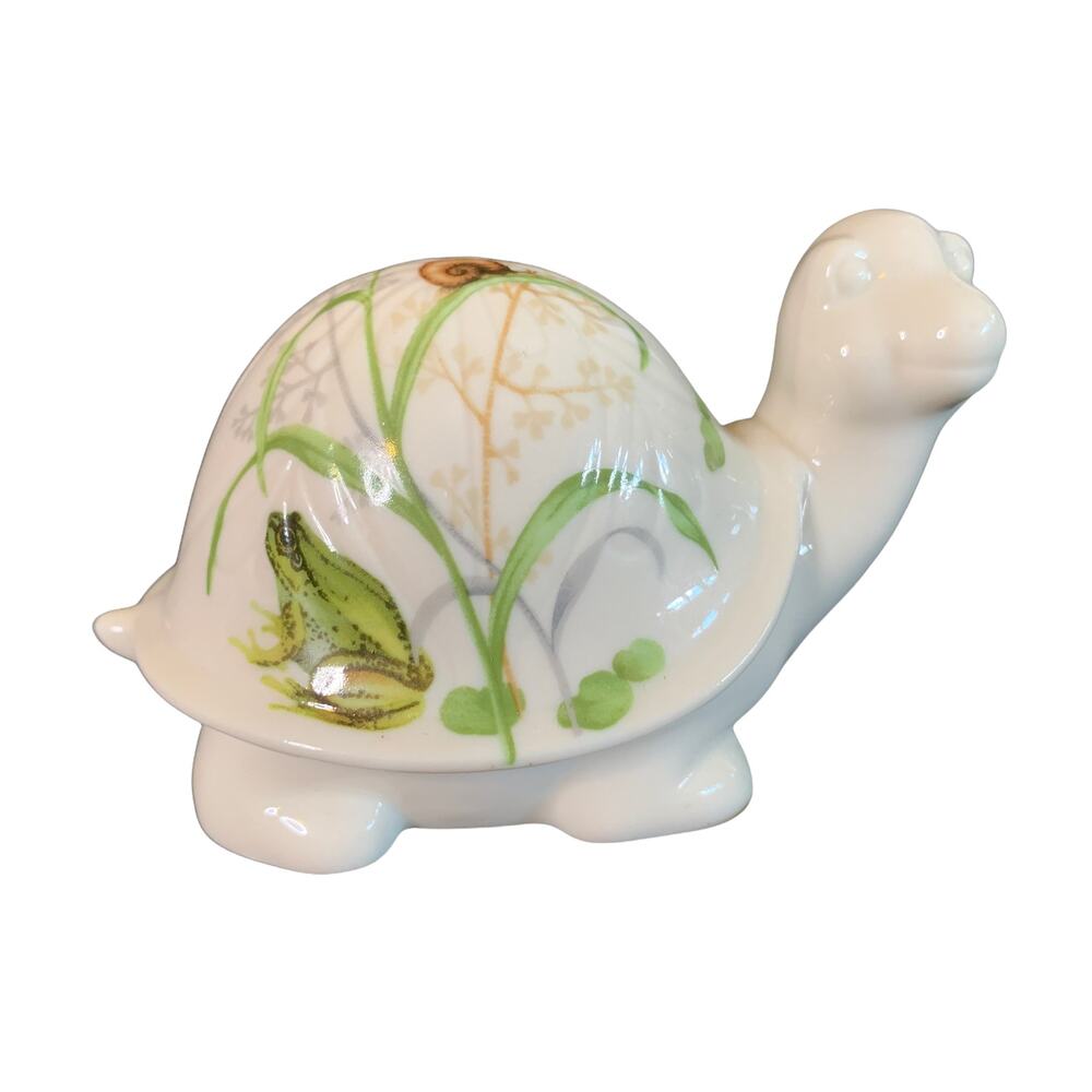 Vintage turtle Porcelain figurine cream green tortoise Animal Floral Flowers